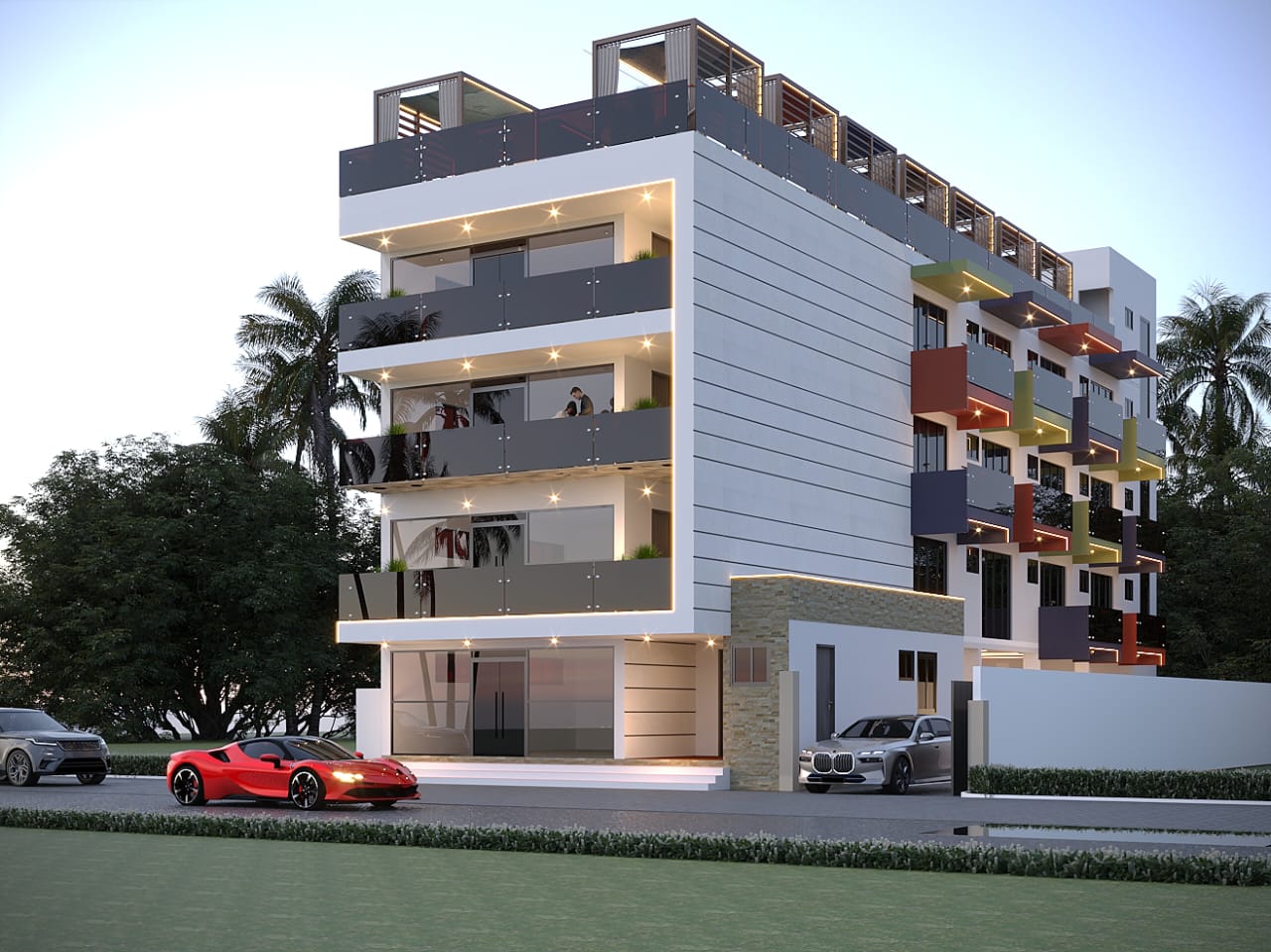 Street facade of Grandeur Luxe in Ashaley Botwe at dusk