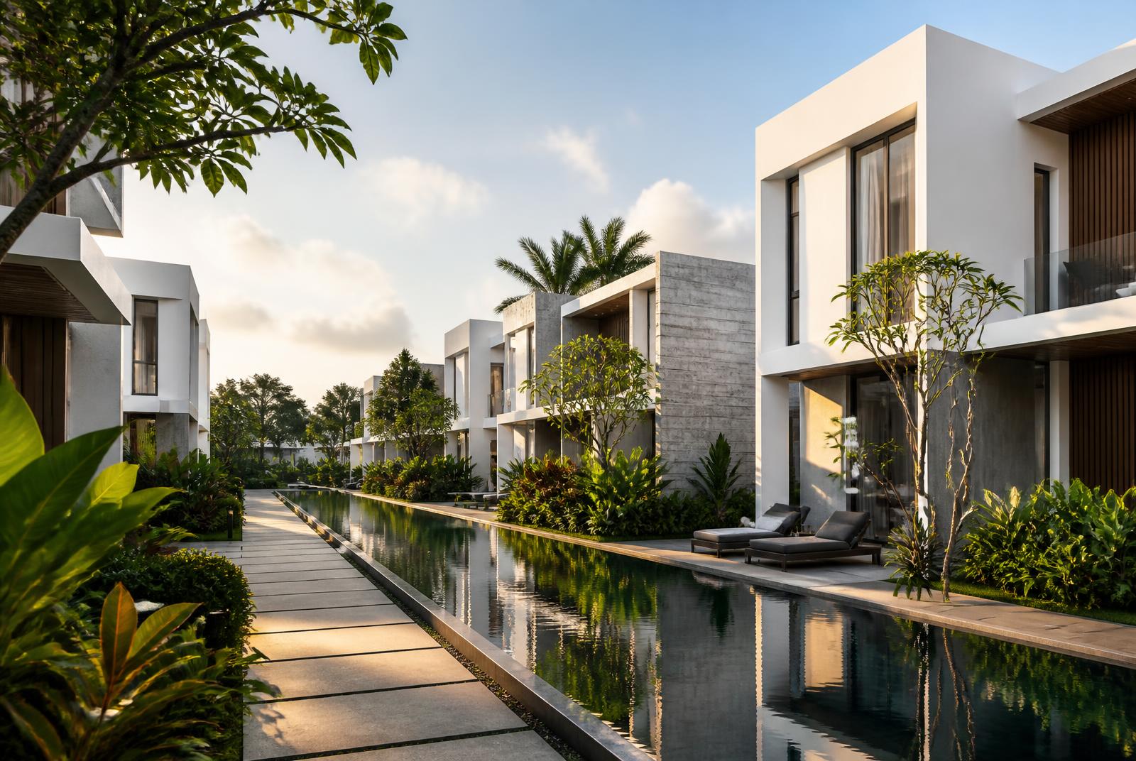 Apex Reserve Enclave villas and reflecting pool in Haatso